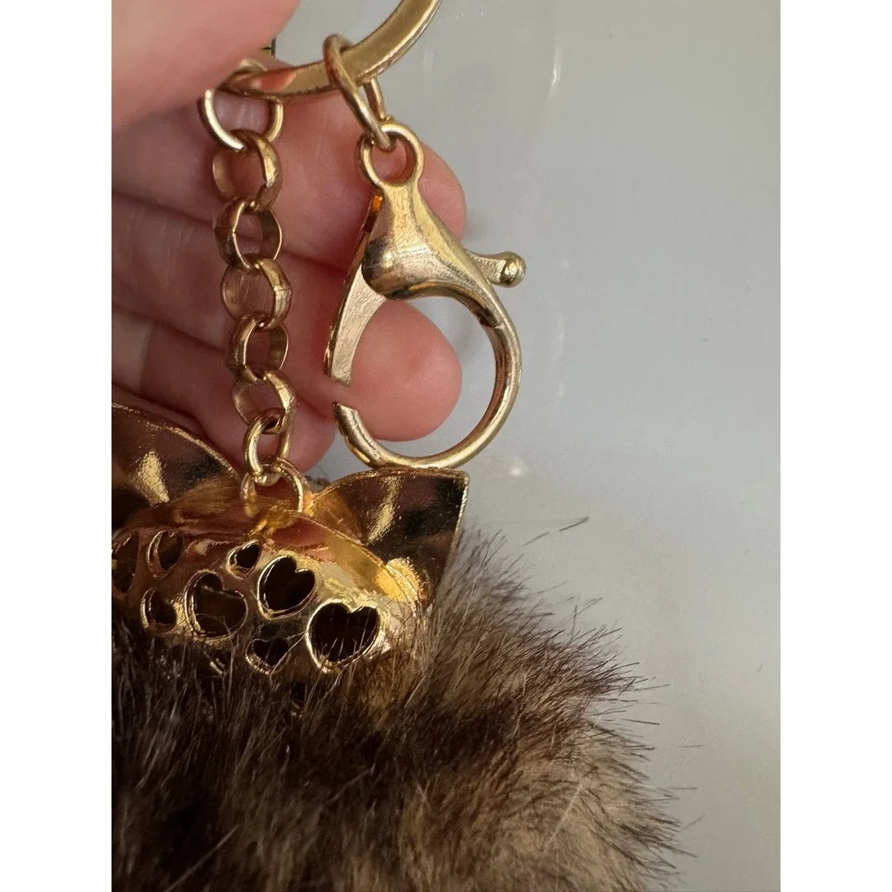 Gold Tone Fox Faux Fur Pom Pom Bag Charm Keychain Rhinestone Pearl Brown Tan
